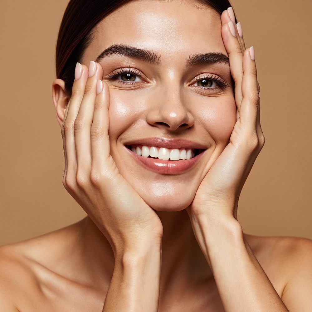 mulher sorrindo com as mãos